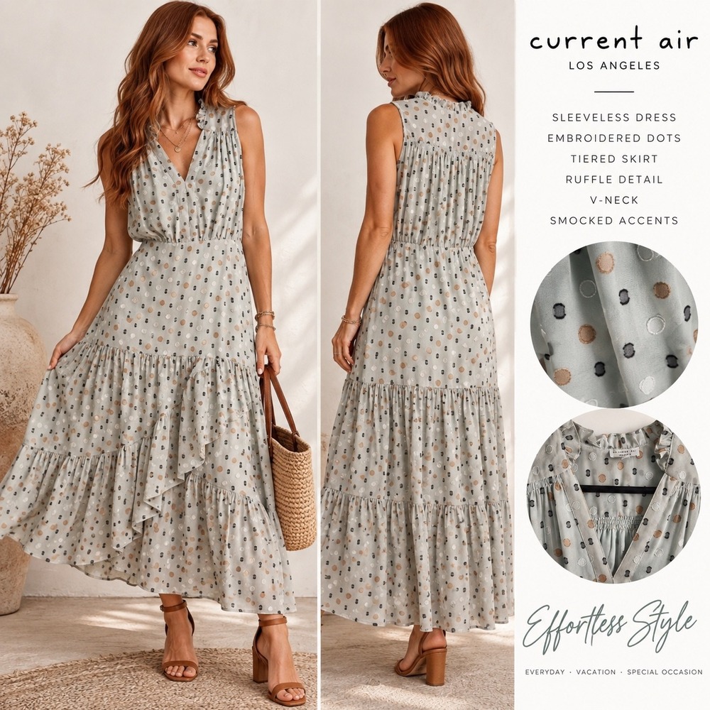 Anthropologie Current Air Dress S Sage Dot Tiered Ruffle Midi Boho Flowy Lied
